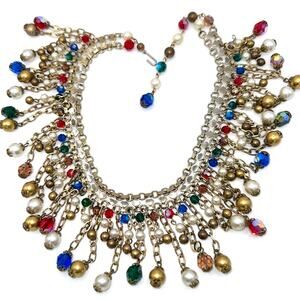 Alice Caviness vintage gold tone AB glass faux pearls beaded fringe necklace